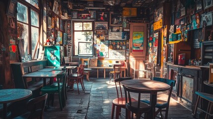 A Rustic Cafe Decorated with Vintage Posters and Artwork