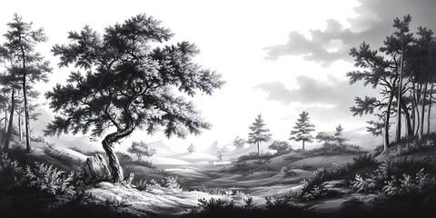  vintage drawing landscape forests of ancient European of trees wallpaper black and white design