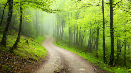 Obraz premium Misty forest path winding through lush greenery, background foliage, nature travel poster