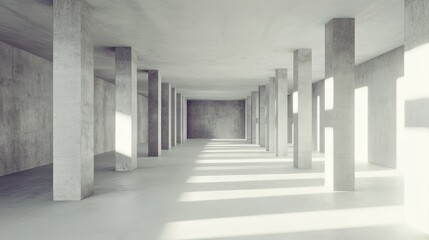 Minimalist concrete interior with columns and light.