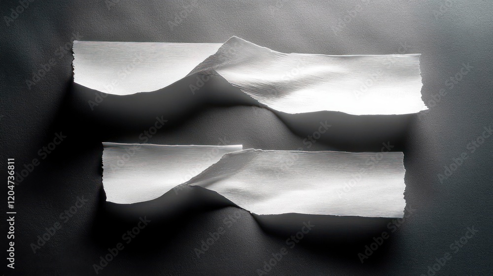 Poster torn white paper strips on dark background with soft shadows and minimal arrangement for tranquil de