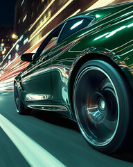 Dark Green Sports Coupe in Motion at Night