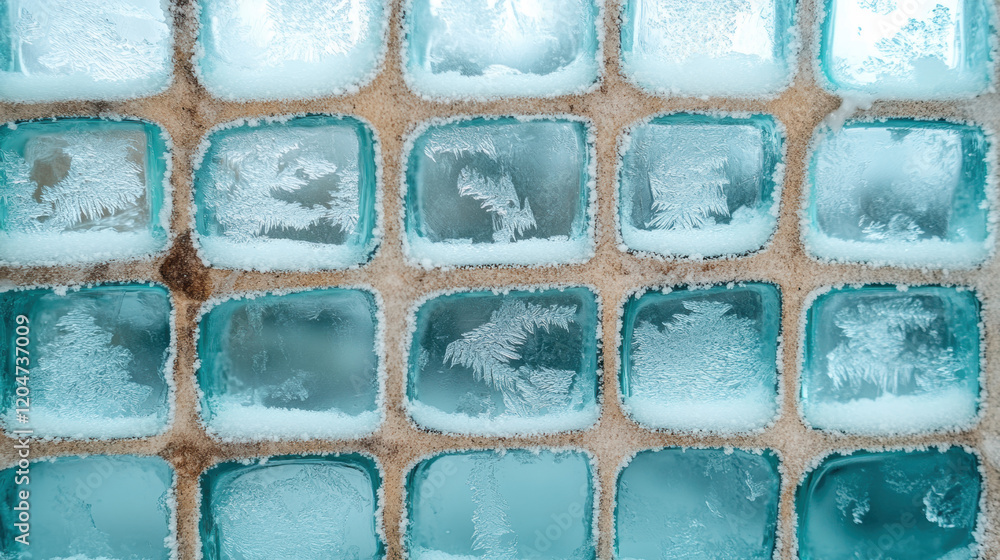 Poster snow storm, frosted glass blocks create a textured, cool blue backdrop with icy patterns and a subtl