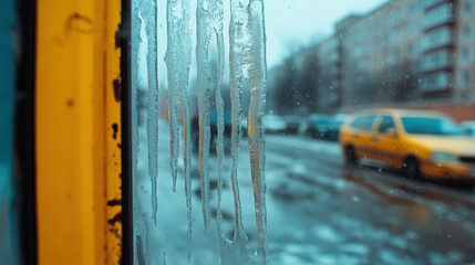 Snow Storm, Condensation on a window with a view of a rainy street and yellow taxis in a city...