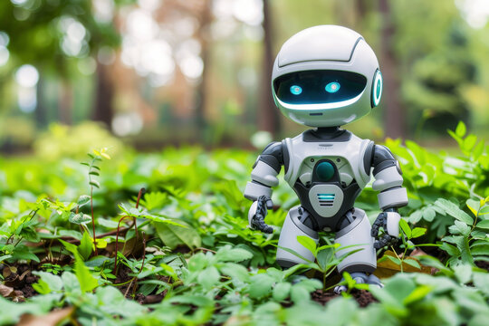 Curious Robot Exploring Lush Alien Landscape, Discovering Unknown Plant Life on a Distant Planet