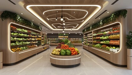 Minimal 3D organic grocery with eco-friendly design and ceiling lights.