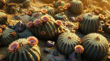 Obraz premium Colorful cacti blooming under warm sunlight.