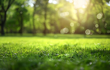 Obraz premium Dewy Grass and Defocused Green Trees in Sunlight