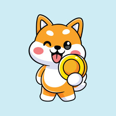cute shiba dog holding gold coins