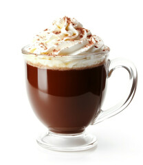 Whipped cream-topped chocolate drink in a glass mug