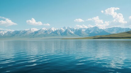 Serene mountain lake with clear blue skies.