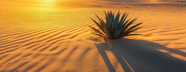 Lone plant in golden desert sands at sunset.