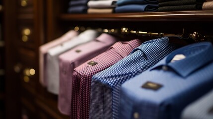 Closeup of neatly arranged men's shirts in a closet