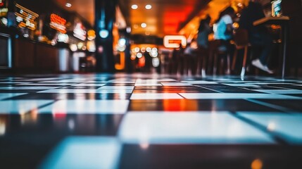 Nightlife Blur: A Checkered Floor Reflects Urban Energy