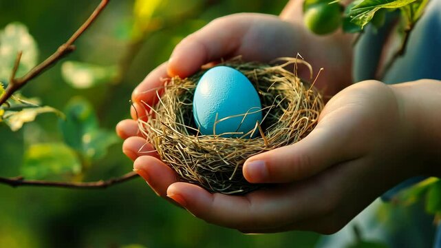 Hands holding a blue egg in a nest among green foliage during a sunny afternoon in springtime