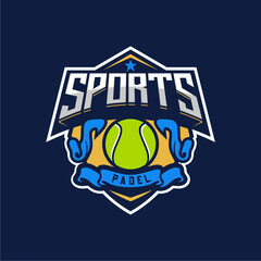 Badge emblem Paddle Tennis club logo design, paddle racket and ball vector on dark background