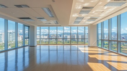 Fototapeta premium Empty office interior with panoramic window and city views. Empty modern open space. Studio for rental. Real estate agency.