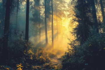 Obraz premium Misty Forest at Dawn with Sunlight and Fog