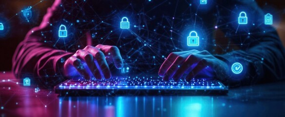 Hacker Typing Code on Futuristic Computer with AI Chatbot in Cybersecurity Dark Room with Neon Lights