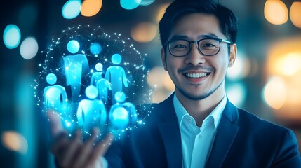 Businessman interacts with digital network of people