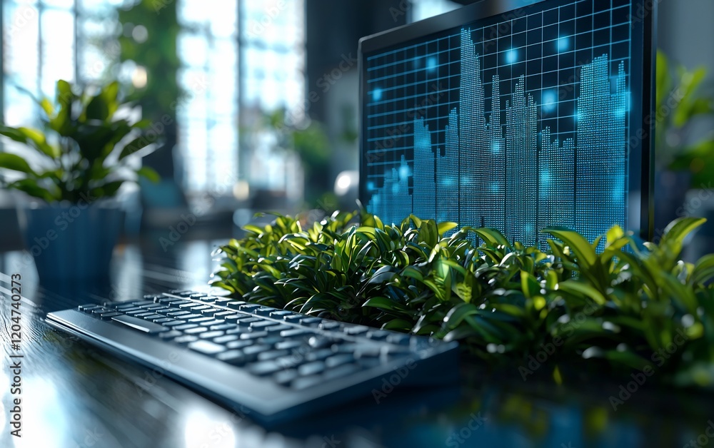 Aufkleber Financial data displayed on a computer screen in a modern office with plants.