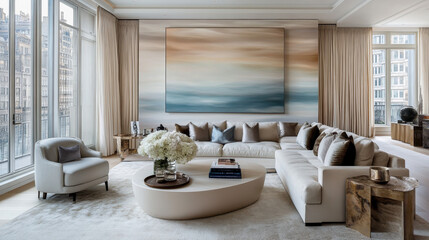 Serene Living Room: A minimalist, modern living space exudes a sense of tranquility and luxury, featuring a plush, light-colored sectional sofa, a unique oval coffee table.