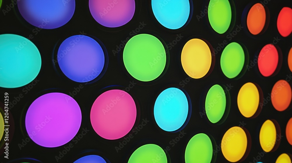 Poster abstract background with a grid of glowing circles in various vibrant colors