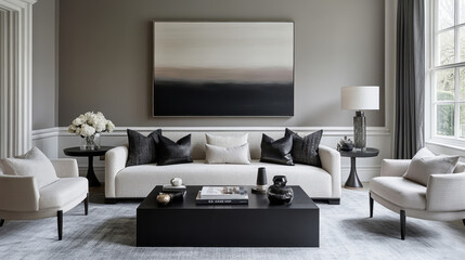 Serene Living Room Interior: A sophisticated and calming living room design featuring a plush white sofa, a dark rectangular coffee table, and a large abstract painting. Two armchairs flank the sofa.