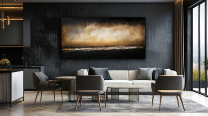 Golden Hour Seascape in Modern Living Room: A large, abstract landscape painting depicting a golden...