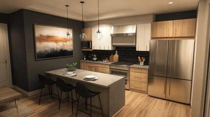 Modern Kitchen Design: A contemporary kitchen design with sleek cabinetry, a large island, and stainless steel appliances. Warm lighting creates a cozy and inviting atmosphere.