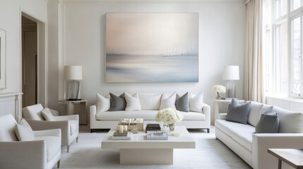 Serene Living Room with Abstract Art: A calming and sophisticated living room features a large abstract landscape painting as a focal point, complemented by a neutral color palette, plush sofas.