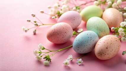 Obraz premium Pastel Easter Eggs & Flowers Spring Festive Background