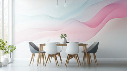 Abstract Waves Wall Mural: A modern dining room adorned with a captivating abstract wall mural featuring flowing pastel pink and blue waves.