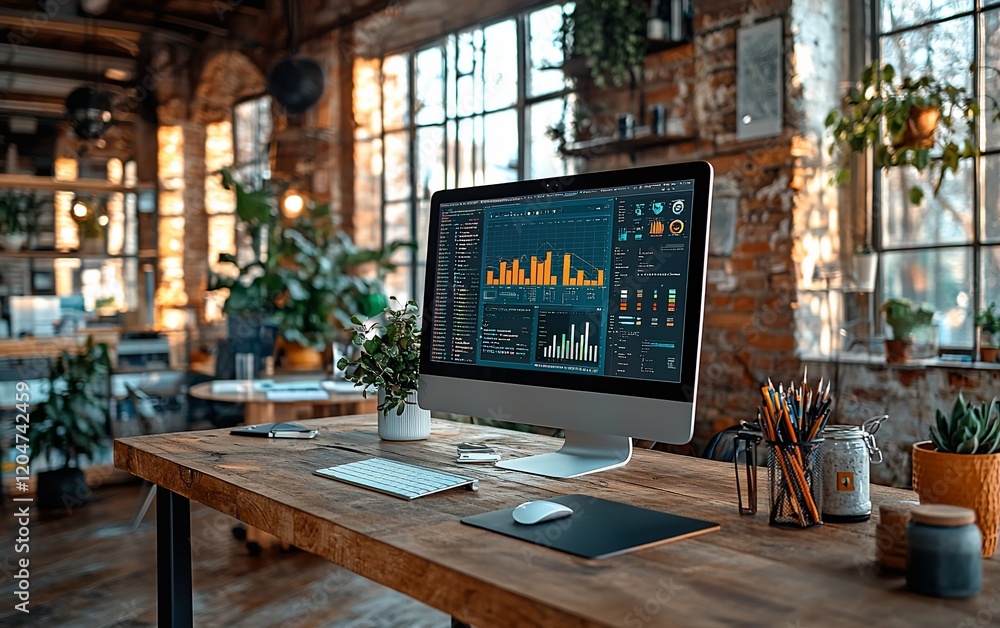 Poster Modern workspace with computer displaying data analytics.