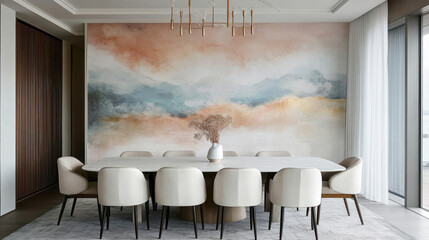 Serene Dining Room with Mountain Mural: An elegant dining room features a large, calming mural depicting a misty mountain landscape, setting a tranquil atmosphere.