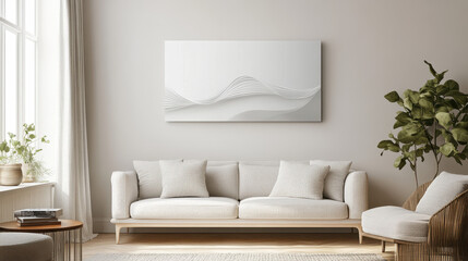 Obraz premium Serene Minimalist Living Room: A calming, minimalist living room features a neutral color palette, a plush sofa with soft cushions, a stylish armchair.