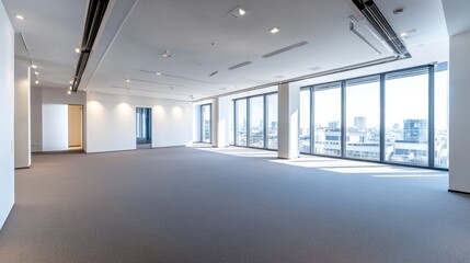Obraz premium Empty office interior with panoramic window and city views. Empty modern open space. Studio for rental. Real estate agency.