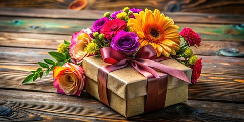 Rustic Wooden Table with Floral Gift Box - Macro Photography