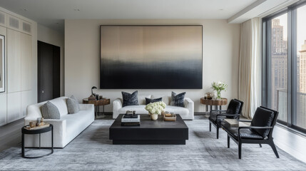 Fototapeta premium Sophisticated Minimalist Living Room: A modern living room interior, featuring a sleek white sofa, two black leather armchairs, and a large abstract painting against a neutral backdrop.