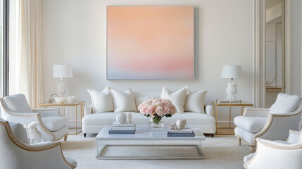 Serene Living Room:  A stylish and sophisticated living room interior features a large abstract painting, plush white sofas, and elegant armchairs.