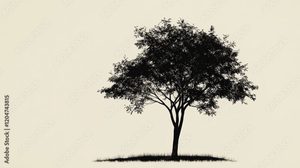 Poster Silhouette of a solitary tree under soft light against a neutral background in a serene outdoor setting. Generative AI