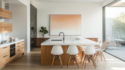Fototapeta premium Modern Kitchen Island with Minimalist Design: A sleek kitchen island with white quartz countertop and wooden base anchors this modern space.