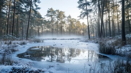 A serene winter landscape with a frozen pond surrounded by tall trees and mist.