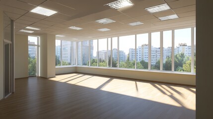 Obraz premium Empty office interior with panoramic window and city views. Empty modern open space. Studio for rental. Real estate agency.