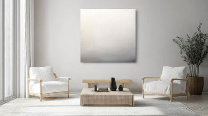 Serenity in Minimalism: A calming abstract painting with a muted color palette hangs above a stylish minimalist living room, evoking tranquility and understated elegance. 
