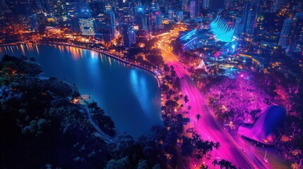 Fototapeta premium A vibrant cityscape at night with colorful lights and a serene water view.