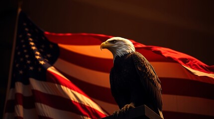 Naklejka premium Wavy American flag with an eagle symbolizing strength and freedom . 4th of July Memorial or Independence day background