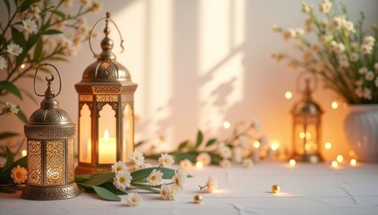 The soft glow of the candles, roses, and the intricate details of the lanterns create a sense of warmth and tranquility for  celebration or a special occasion