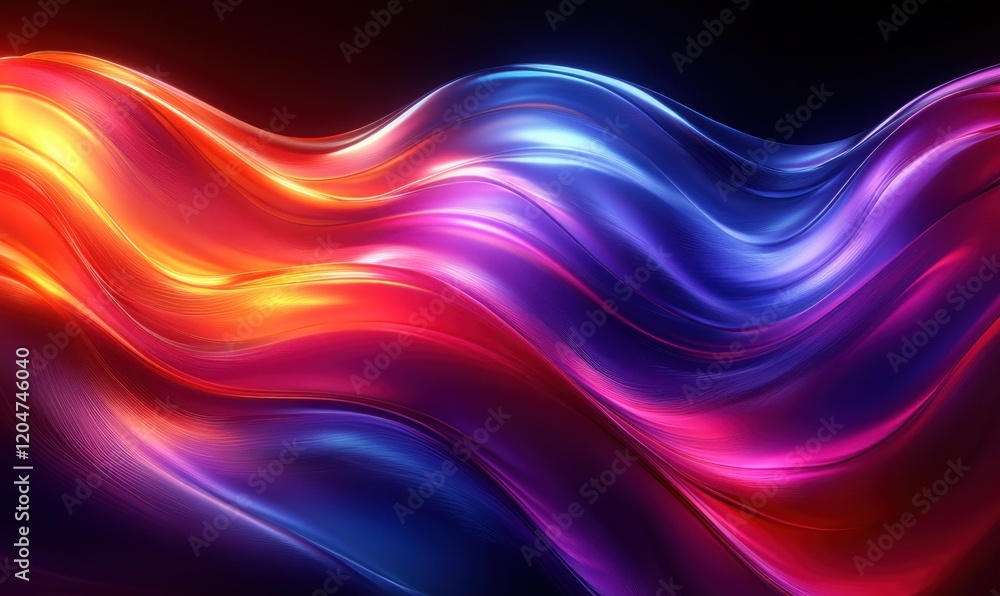 Poster Glowing Abstract Iridescent Curves with Multicolored Lighting on Dark Background