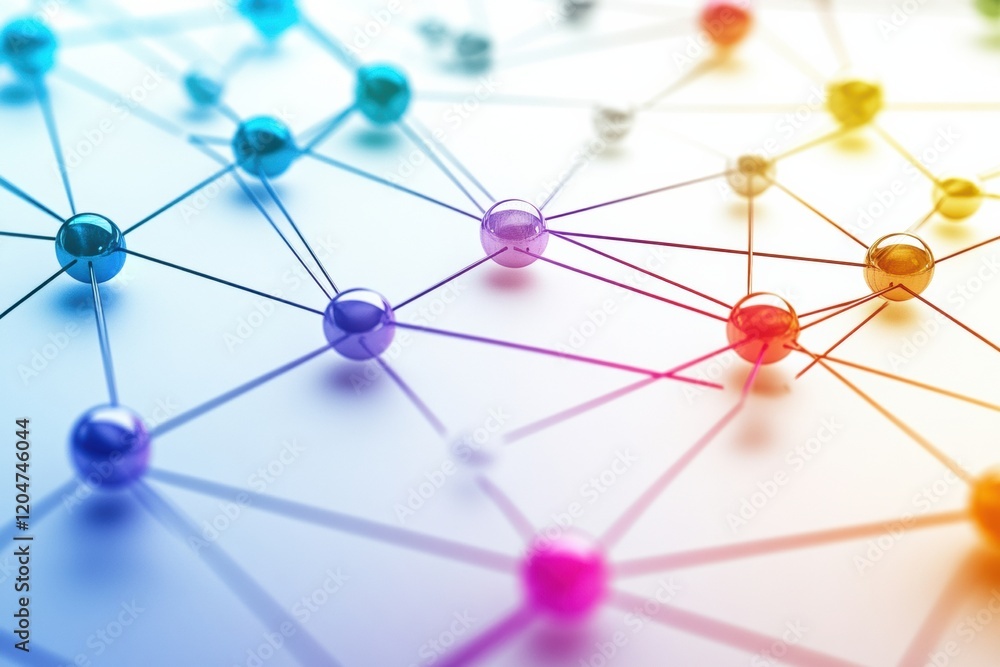 Poster Colorful abstract representation of a network with spheres and connecting lines highlighting technology and connectivity. Generative AI